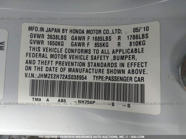 JHMZE2H72AS038954 - 2010 HONDA INSIGHT EX WHITE photo 9