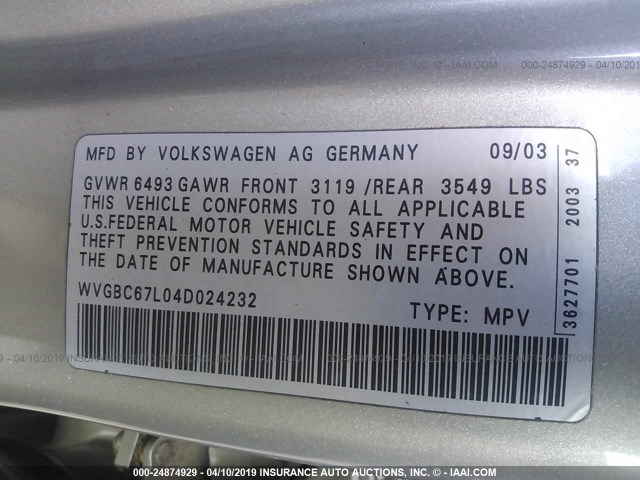 WVGBC67L04D024232 - 2004 VOLKSWAGEN TOUAREG 3.2 GOLD photo 9