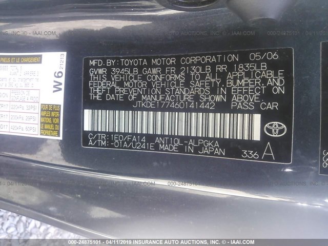 JTKDE177460141442 - 2006 TOYOTA SCION TC შავი ფოტო 9