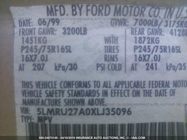 5LMRU27A0XLJ35096 - 1999 LINCOLN NAVIGATOR 金色 照片 9