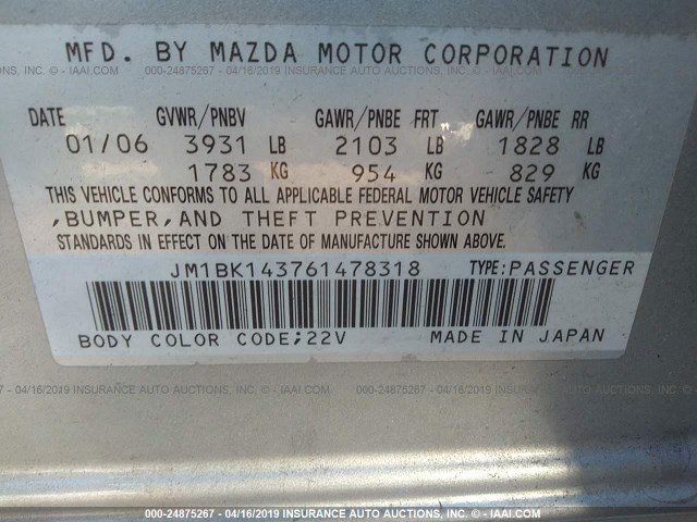 JM1BK143761478318 - 2006 MAZDA 3 HATCHBACK SILVER photo 9