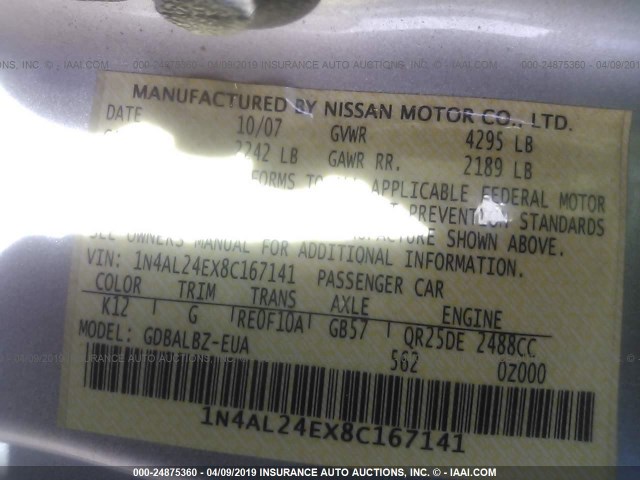 1N4AL24EX8C167141 - 2008 NISSAN ALTIMA 2.5S SILVER photo 9