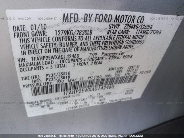 1FAHP2EWXAG142460 - 2010 FORD TAURUS SEL SILVER photo 9