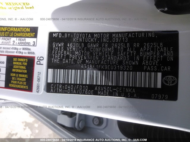 4T1BF1FK9EU319320 - 2014 TOYOTA CAMRY L/SE/LE/XLE 白色 照片 9