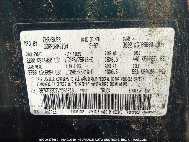 3B7KF23D9VM564218 - 1997 DODGE RAM 2500 GREEN photo 9