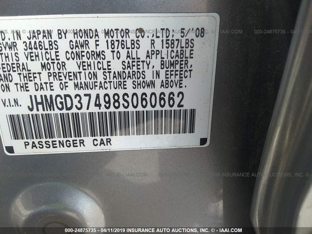 JHMGD37498S060662 - 2008 HONDA FIT SILVER photo 9