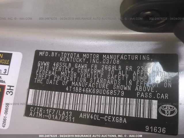 4T1BB46K69U068579 - 2009 TOYOTA CAMRY HYBRID SILVER photo 9