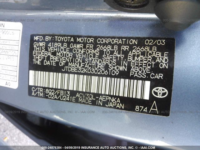 JTDBE32K030206109 - 2003 TOYOTA CAMRY LE/XLE BLUE photo 9
