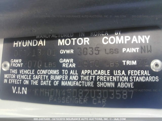 KMHDN45D82U303587 - 2002 HYUNDAI ELANTRA GLS/GT WHITE photo 9