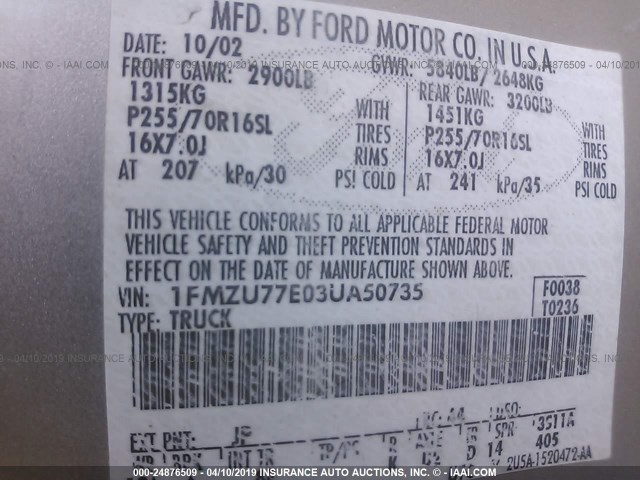 1FMZU77E03UA50735 - 2003 FORD EXPLORER SPORT TR  SILVER photo 9