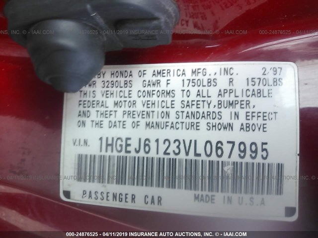 1HGEJ6123VL067995 - 1997 HONDA CIVIC DX RED photo 9