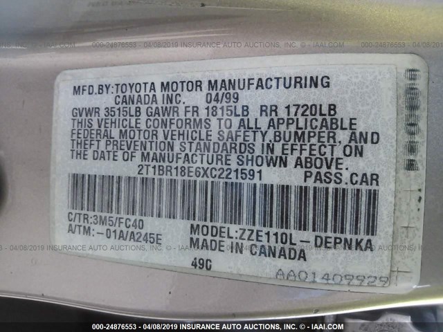 2T1BR18E6XC221591 - 1999 TOYOTA COROLLA VE/CE/LE TAN photo 9