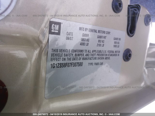 1G1ZS58F07F307580 - 2007 CHEVROLET MALIBU LS TAN photo 9