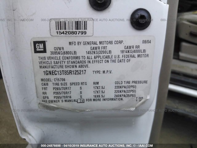 1GNEC13T85R125217 - 2005 CHEVROLET TAHOE C1500 WHITE photo 9