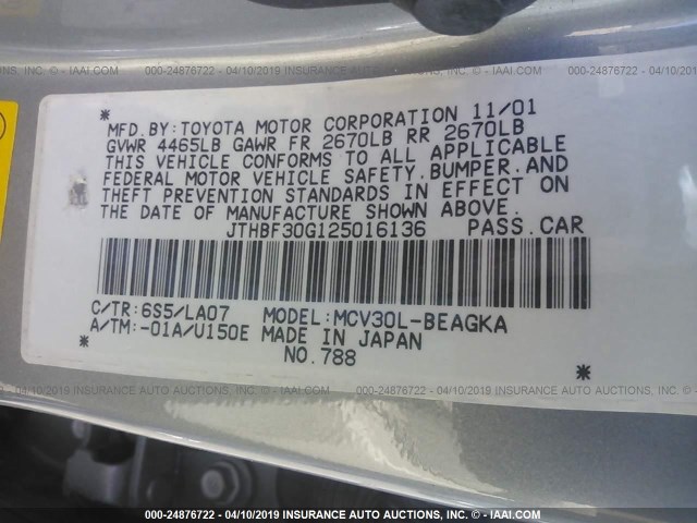 JTHBF30G125016136 - 2002 LEXUS ES 300 GRAY photo 9