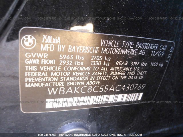 WBAKC8C55AC430769 - 2010 BMW 750 LI/XDRIVE BLACK photo 9