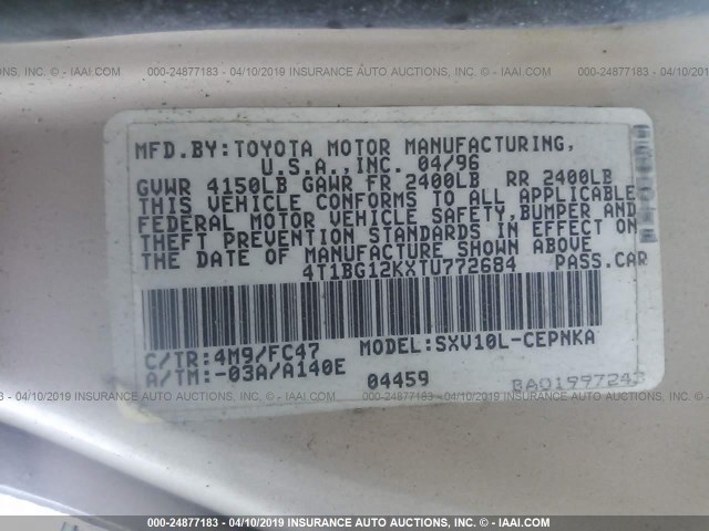 4T1BG12KXTU772684 - 1996 TOYOTA CAMRY DX/LE/XLE GOLD photo 9