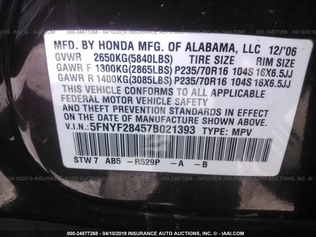 5FNYF28457B021393 - 2007 HONDA PILOT EX BURGUNDY photo 9