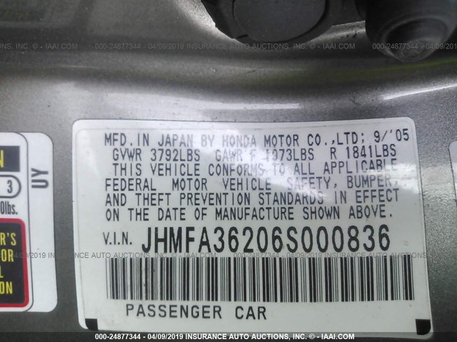 JHMFA36206S000836 - 2006 HONDA CIVIC HYBRID GRAY photo 9