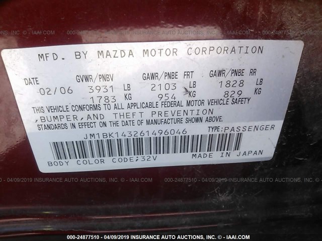 JM1BK143261496046 - 2006 MAZDA 3 HATCHBACK MAROON photo 9