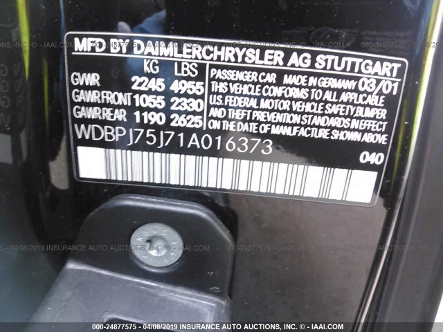 WDBPJ75J71A016373 - 2001 MERCEDES-BENZ CL 500 BLACK photo 9