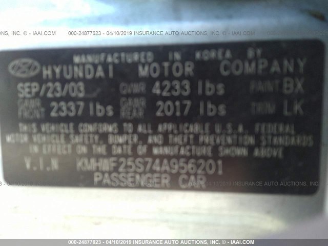 KMHWF25S74A956201 - 2004 HYUNDAI SONATA GL SILVER photo 9