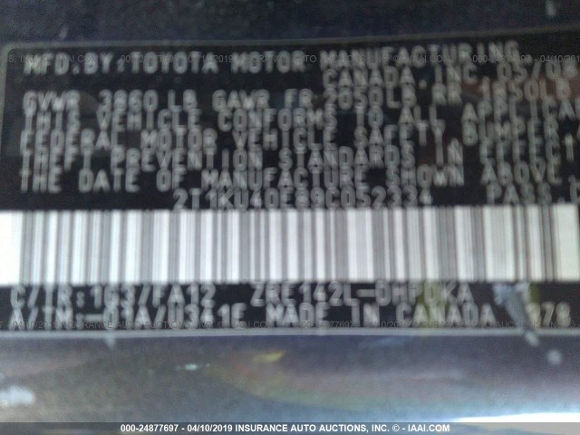 2T1KU40E89C052334 - 2009 TOYOTA COROLLA MATRIX  BLACK photo 9