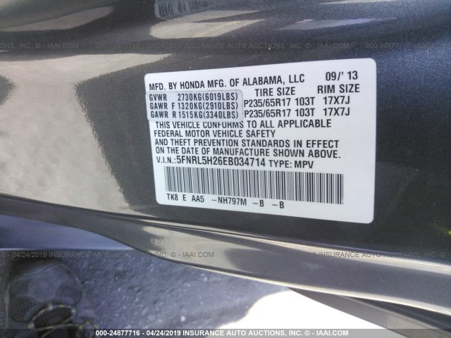 5FNRL5H26EB034714 - 2014 HONDA ODYSSEY LX GRAY photo 9