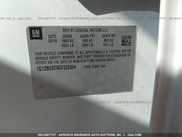 1G1ZB5ST8GF222484 - 2016 CHEVROLET MALIBU LS WHITE photo 9