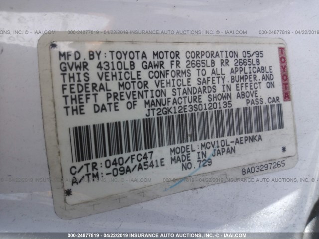 JT2GK12E3S0120135 - 1995 TOYOTA CAMRY LE WHITE photo 9