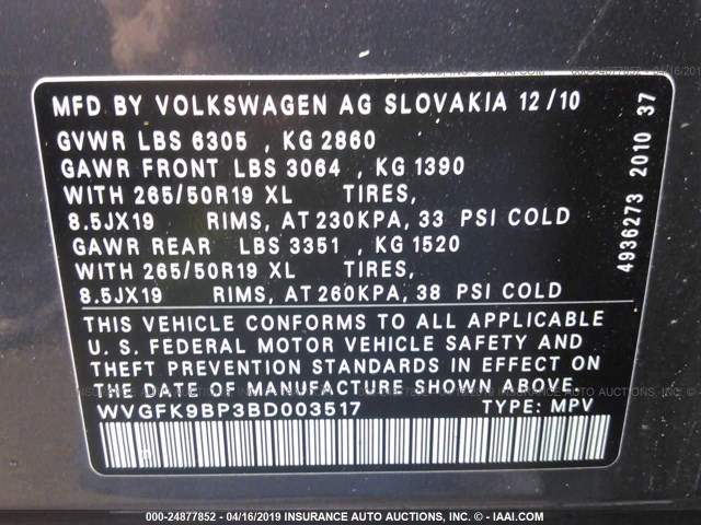 WVGFK9BP3BD003517 - 2011 VOLKSWAGEN TOUAREG V6 TDI GRAY photo 9