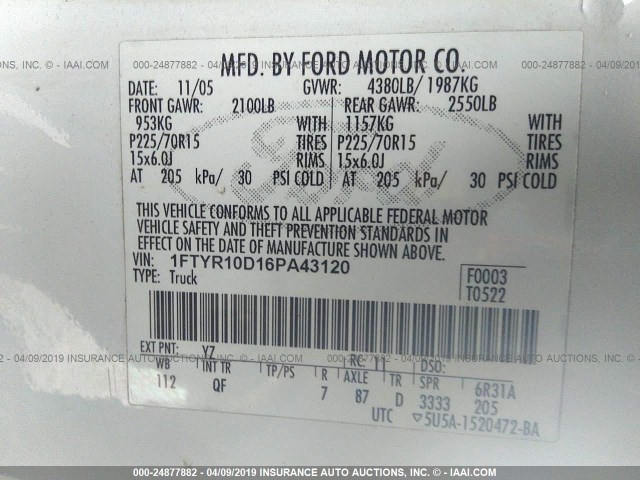 1FTYR10D16PA43120 - 2006 FORD RANGER WHITE photo 9