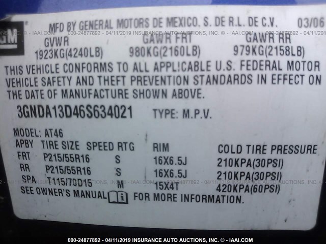 3GNDA13D46S634021 - 2006 CHEVROLET HHR LS BLUE photo 9