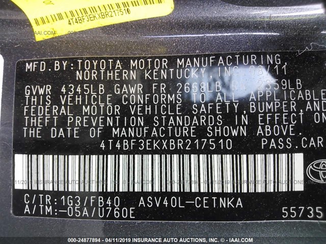 4T4BF3EKXBR217510 - 2011 TOYOTA CAMRY SE/LE/XLE GRAY photo 9