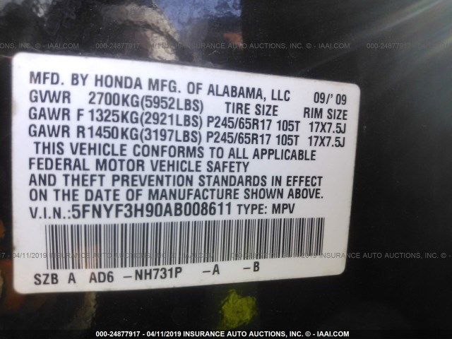 5FNYF3H90AB008611 - 2010 HONDA PILOT TOURING BLACK photo 9