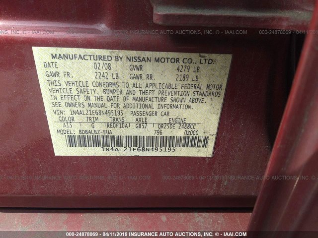 1N4AL21E68N495195 - 2008 NISSAN ALTIMA 2.5/2.5S RED photo 9