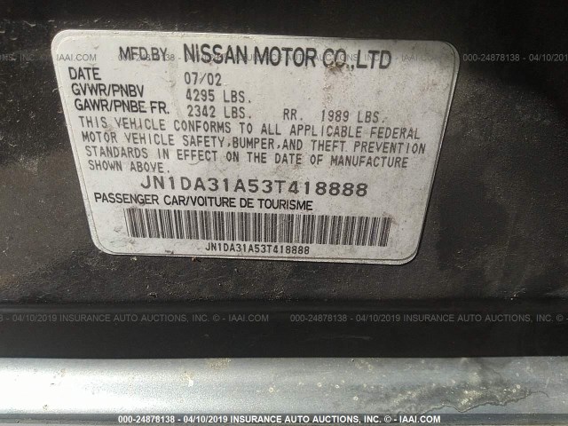 JN1DA31A53T418888 - 2003 NISSAN MAXIMA GLE/SE GRAY photo 9