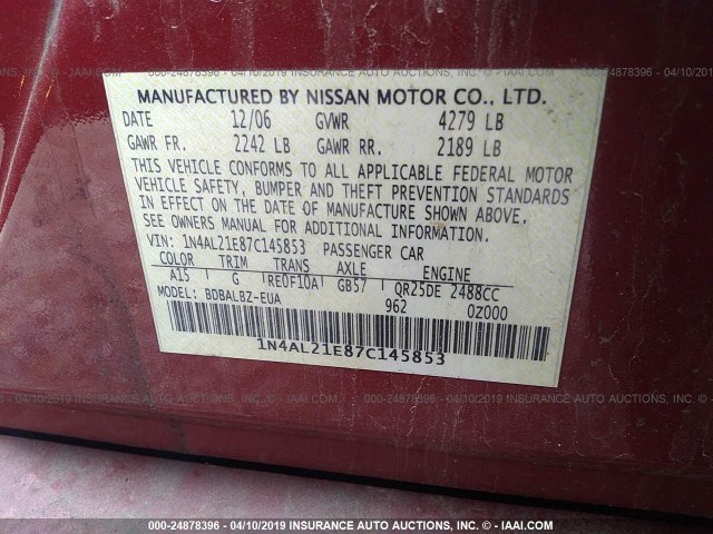 1N4AL21E87C145853 - 2007 NISSAN ALTIMA 2.5/2.5S MAROON photo 9