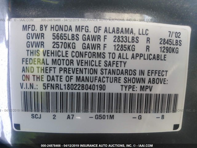 5FNRL18022B040190 - 2002 HONDA ODYSSEY EXL GRAY photo 9