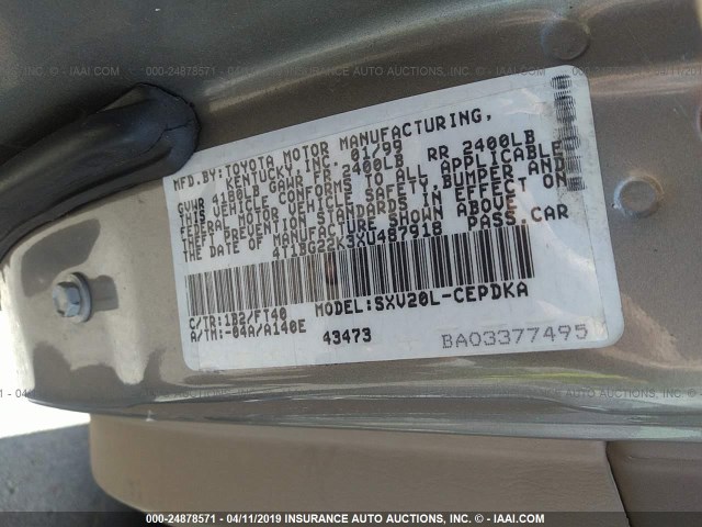 4T1BG22K3XU487918 - 1999 TOYOTA CAMRY CE/LE/XLE TAN photo 9