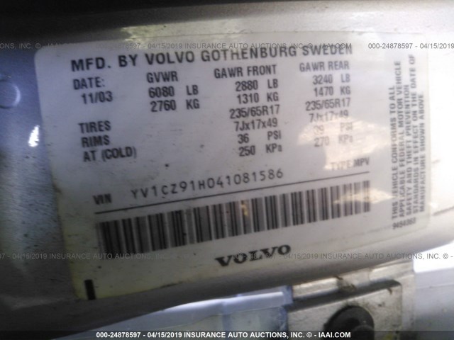 YV1CZ91H041081586 - 2004 VOLVO XC90 T6 SILVER photo 9