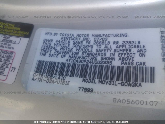 4T1CA30P24U002335 - 2004 TOYOTA CAMRY SOLARA SE/SLE SILVER photo 9