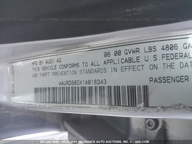 WAURD68DX1A018343 - 2001 AUDI S4 2.7 QUATTRO SILVER photo 9