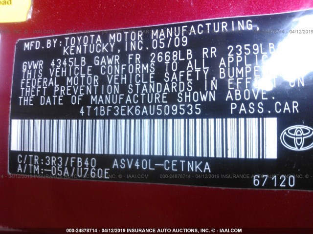 4T1BF3EK6AU509535 - 2010 TOYOTA CAMRY SE/LE/XLE RED photo 9