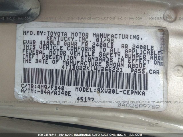 4T1BG22K1WU266221 - 1998 TOYOTA CAMRY CE/LE/XLE TAN photo 9