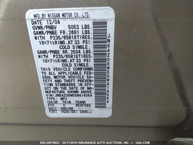 JN8AZ08W55W414564 - 2005 NISSAN MURANO SL/SE/S GOLD photo 9