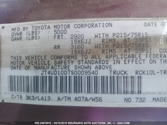 JT4UD10D7S0009540 - 1995 TOYOTA T100 RED photo 9