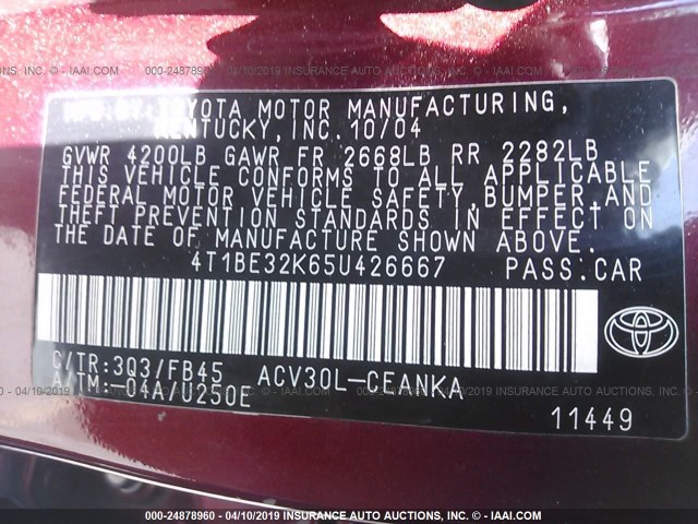 4T1BE32K65U426667 - 2005 TOYOTA CAMRY LE/XLE/SE RED photo 9