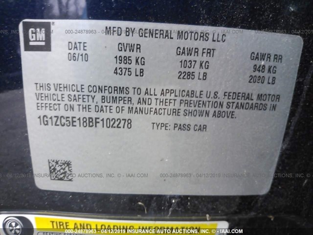 1G1ZC5E18BF102278 - 2011 CHEVROLET MALIBU 1LT 深蓝色 照片 9