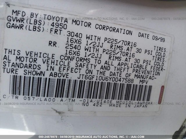 JT6GF10U6Y0047588 - 2000 LEXUS RX 300 WHITE photo 9